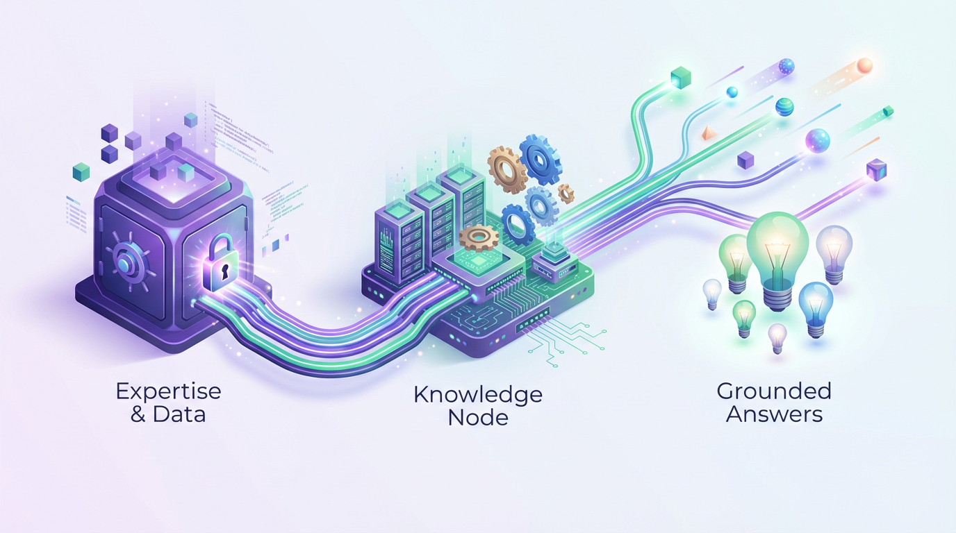 Diagram: your data and expertise connect to a node you control, which serves grounded answers